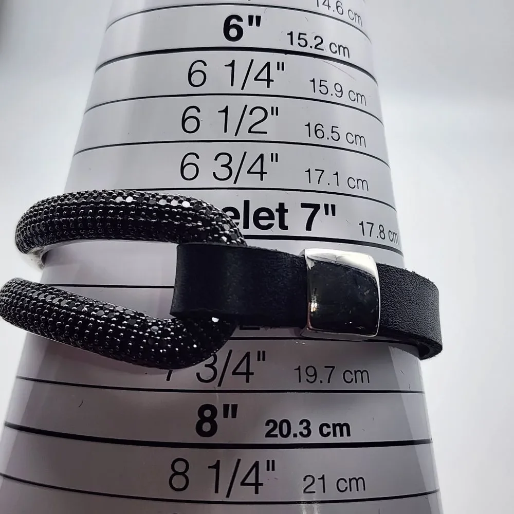 Milor Italy Bronze Silver Tone, Black Leather & Black Spinel Bracelet